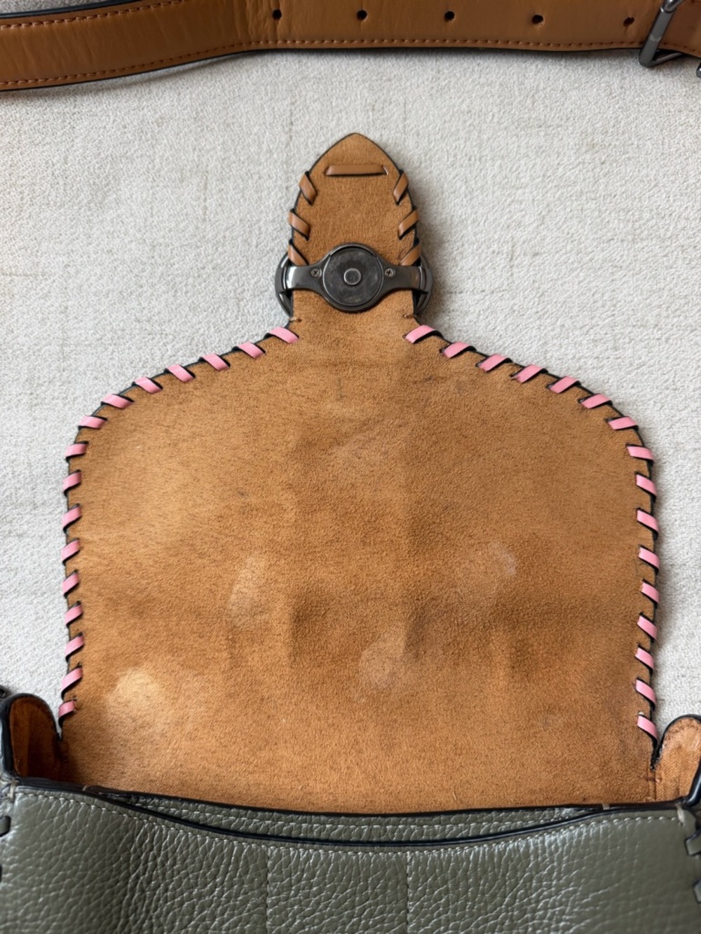 Coach Pink, Olive & Tan Leather Crossbody Saddle Bag - Picture 5 of 12